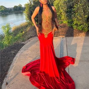 VELVET RED & GOLD CUSTOM PROM DRESS